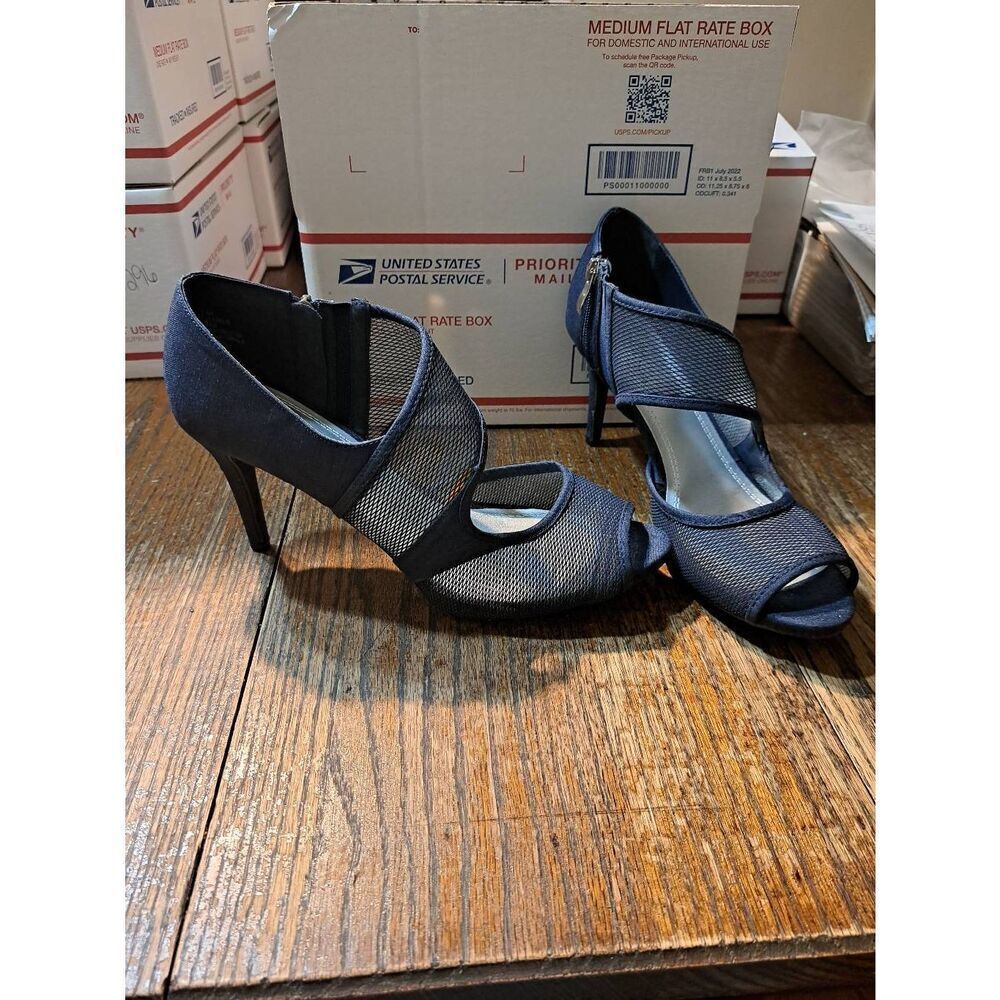 New 9.5M Its Ok Blue Mesh Open Toe Open Foot Side Zip Pump High Heel Pump Shoes